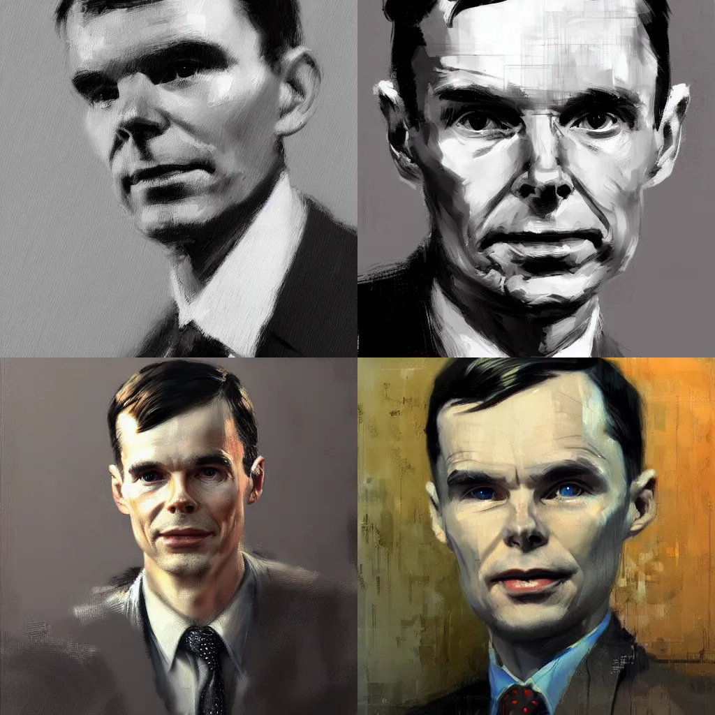 Prompt: A realistic hyperdetailed digital oil portrait painting of Alan Turing in the style of Guy Denning, Ruan Jia, and Craig Mullins. Trending on ArtStation, DeviantArt, and Instagram. CGSociety Digital art.