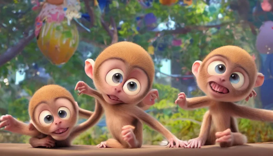 Image similar to very very very cute baby monkeys by Max Kostenko and Bobby Chiu, disney, pixar, MPC, Framestore, character design for animation, uplight, a lineup of characters, big disney eyes, symmetrical eyes, cuteness, 3d render, octane rendered, rendered by maya and houdini, highly detailed, unreal engine, Trending on Artstation, octane render, 4k, 8k, HD