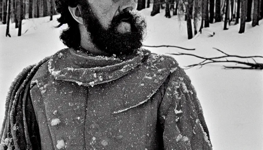 Prompt: 1 9 6 0 s movie still close up of marcus aurelius wearing legionnaire clothes frozen to death under the snow by the side of a river with gravel, pine forests, cinestill 8 0 0 t 3 5 mm, high quality, heavy grain, high detail, texture, dramatic light, anamorphic, hyperrealistic, detailed hair, bright sun