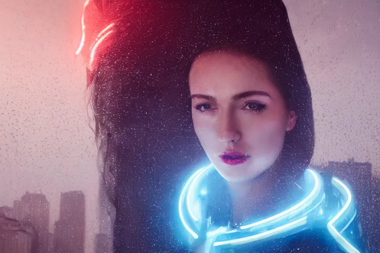 Prompt: a realistic cinematic headshot portrait of a beautiful middle aged woman, wearing futuristic white suit on the top of a skyscraper, neon light, 4 k, ultra realistic, dramatic lighting, rain, clouds, fog, vogue, fashion, magazine spread, by jessica rossier