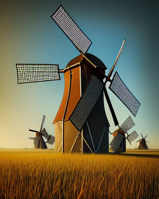 Image similar to hyper realistic, a large vintage painted artists backdrop of holland in the middle ages, with windmills, soft light, photo realistic, hyper detailed, 3 d sci fi render by beeple