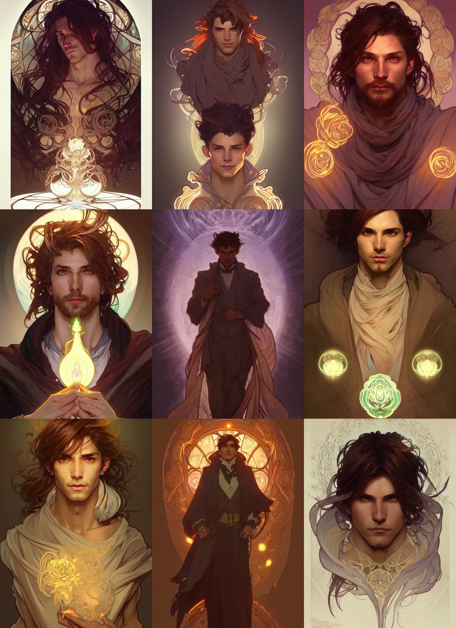 Prompt: digital character concept art by artgerm and greg rutkowski and alphonse mucha. clear portrait of a male wizard of the roses with brown hair, light effect. hyper - detailed, glowing lights!!, bioluminescent, intricate, elegant, digital painting, artstation, smooth, sharp focus