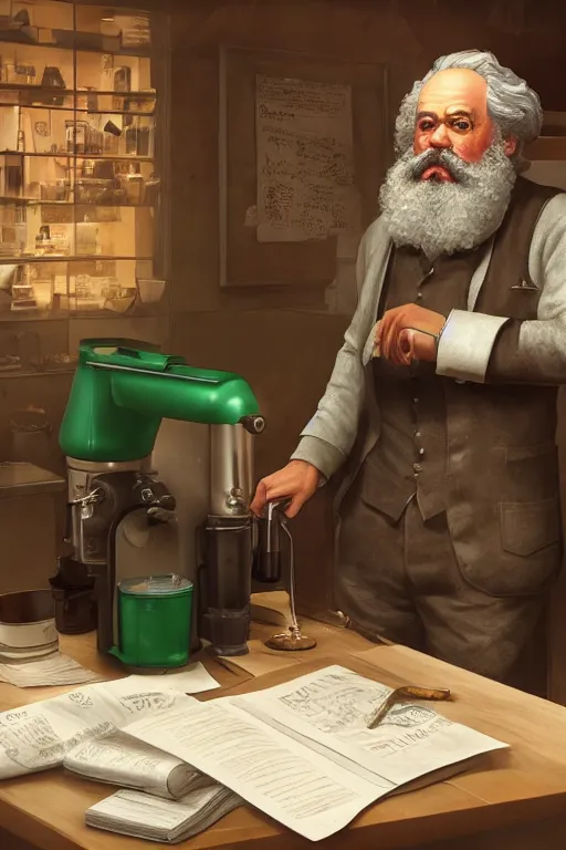 Prompt: Karl Marx working as a Starbucks Barista, hyperrealistic, concept art, octane render, unreal engine 5, trending on DeviantArt, highly detailed, high quality, 8K, soft lighting, cute, natural lighting, realistic face, trending on Artstation, elegant clothes, profile picture, path traced, house background