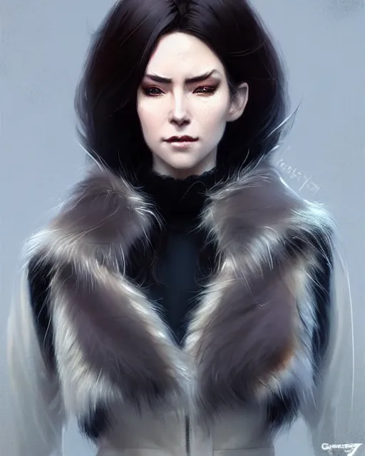 Image similar to fur - lined dragonhide jacket!!! beautiful and elegant female!! gorgeous ayes!! character concept art, sharp focus, illustration, artgerm!! greg rutkowski! wlop!! ilya kuvshinov!! charlie bowater! octane render! unreal engine 5! highly rendered!! trending on artstation!! cgi vfx!