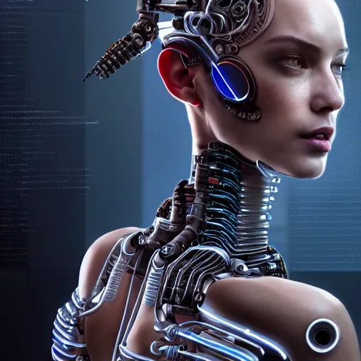 Image similar to Perfectly-Centered Half-body-Portrait of a Mechanical Cyberpunk Female Android, intricate, elegant, super highly detailed, professional digital painting, artstation, concept art, smooth, sharp focus, no blur, no dof, extreme illustration, Unreal Engine 5, Photorealism, HD quality, 8k resolution, cinema 4d, 3D, beautiful, cinematic, art by artgerm and greg rutkowski and alphonse mucha and loish and WLOP