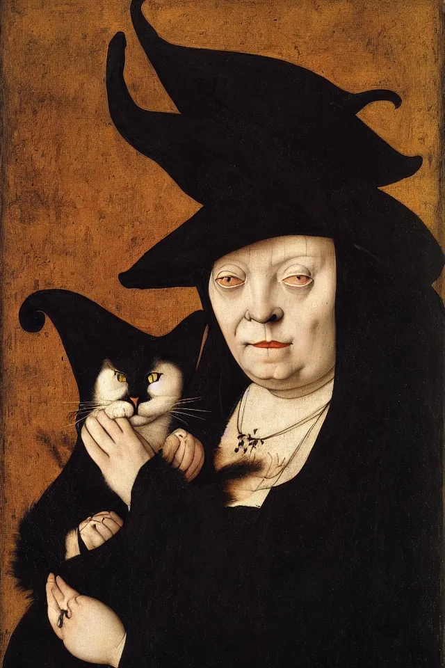 Prompt: painted portrait of a creepy witch with a fat black cat, 1 6 th century, hans holbein the younger, jan van eyck, gerit dou,