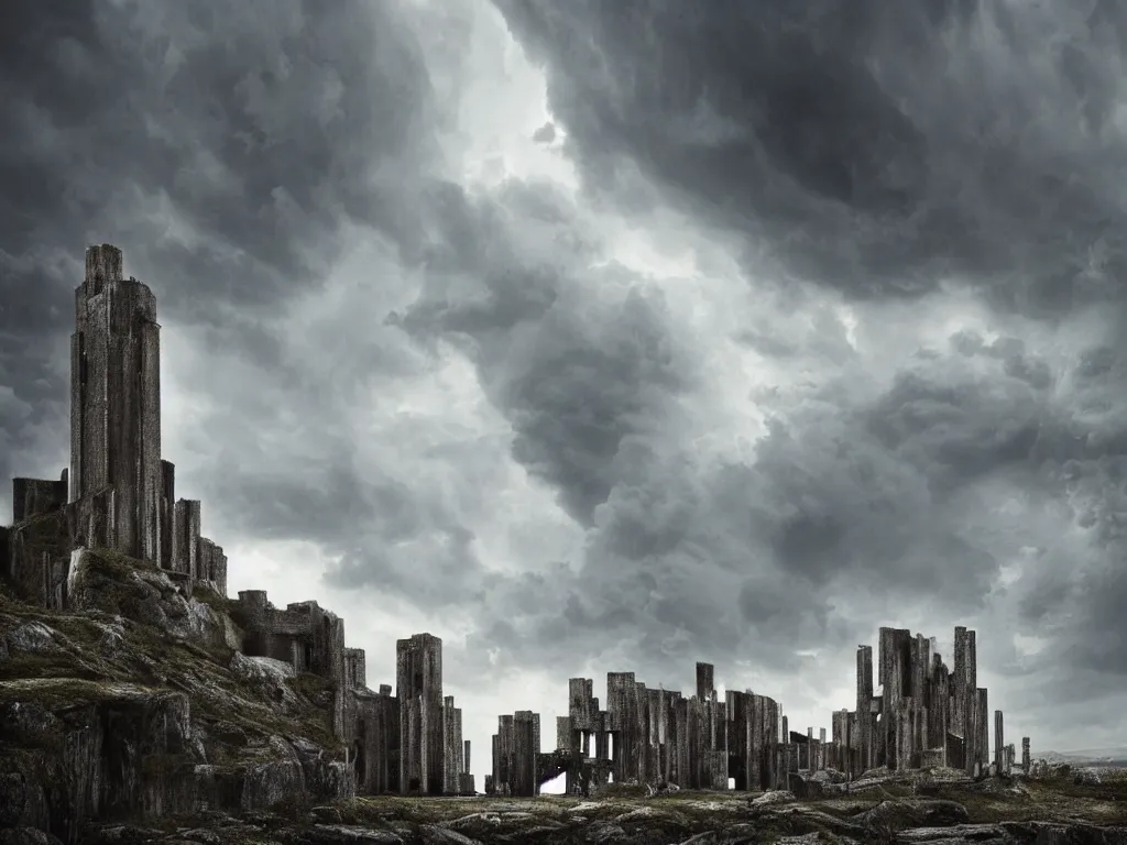 Image similar to photo of a brutalist symmetric cathedral built over a rocky hill, in the middle of a storm. realistic clouds. impressive, magical, very atmospheric, cinematic, stunning, masterpiece, romantic, justin gerard, paul bonner, cover photo, very detailed. 4 k