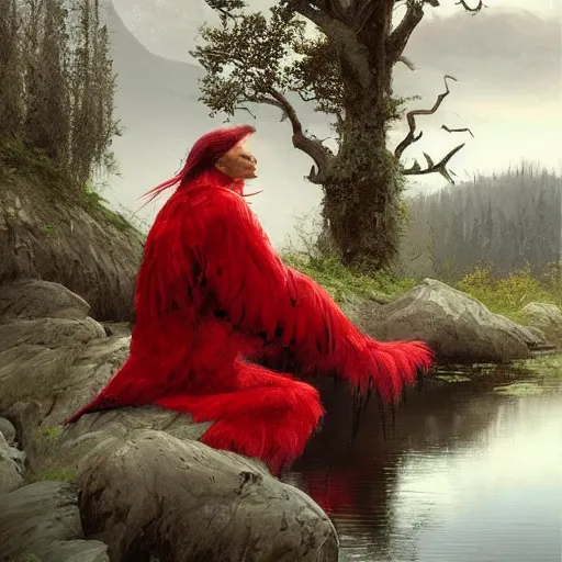 Prompt: Harpy, red feathered wings, wearing a robe, sad expression, sitting at a pond, mountainous area, trees in the background, oil painting, by Greg Rutkowski