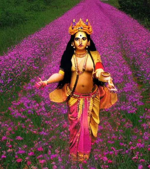 Prompt: hindu goddess standing looking at you at distance in beautiful meadow of flowers, film photo