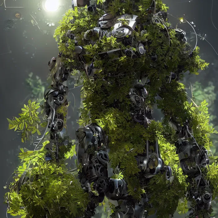 Prompt: overgrown foliage taking over an abandoned robot body, close - up, 3 5 mm, biopunk, bokeh, beautiful, lens flare, emotional, sweet, flowers, detailed, picture, trending on artstation, award - winning, shiny, golden