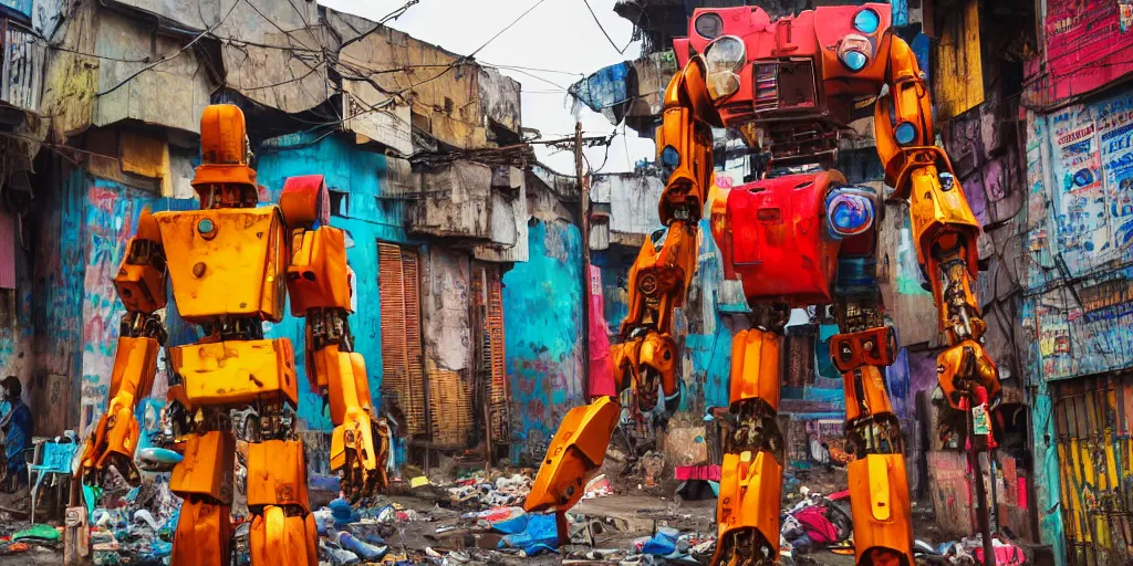 Prompt: colourful giant mecha ROBOT of AJEGUNLE SLUMS in Lagos, markings on robot, neon lights, Golden Hour,