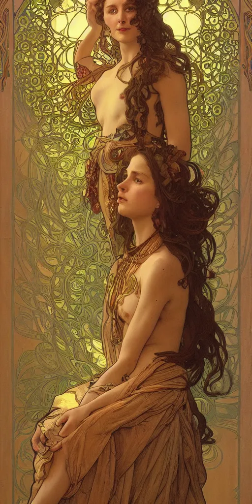 Image similar to a portrait of a beautiful female godess of spring, by Mohrbacher and Moebius and Alphonse Mucha and Roger Deakins, cinematic lighting, masterpiece, highly detailed, 8k resolution, trending on art station