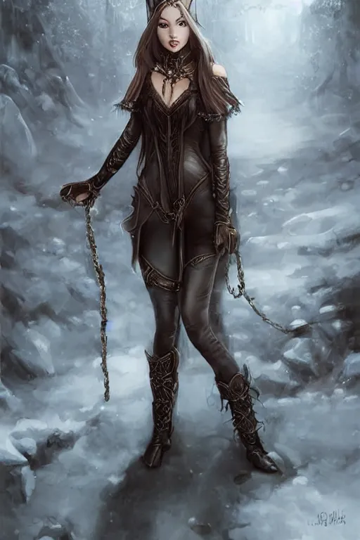 Image similar to a beatiful female elven priestess wearing thigh high black leather boots, she is holding a kneeling girl on a leash, ultrarealistic detailed digital art in the style of Charlie Bowater