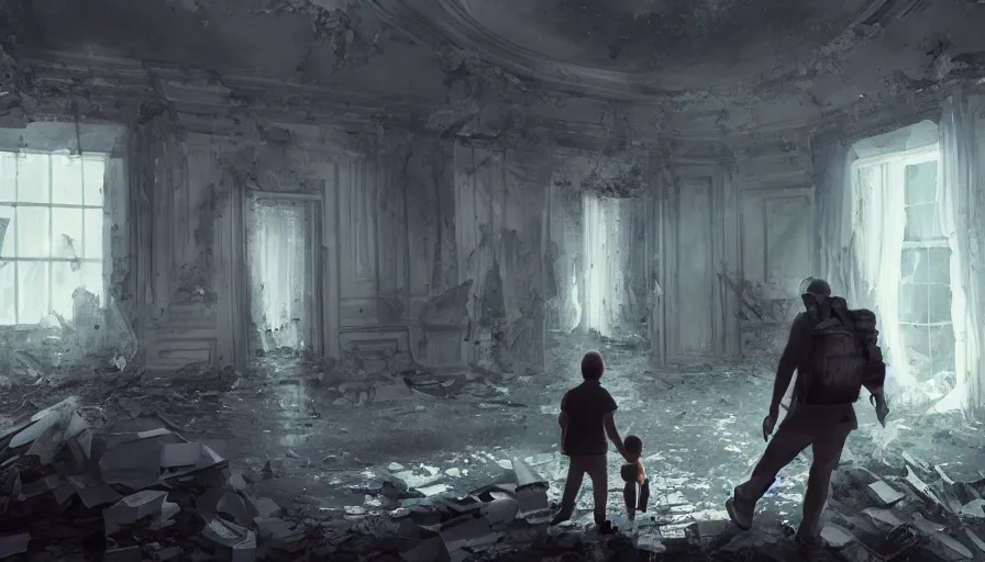 Image similar to father and son exploring destroyed white house with glow sticks, moonlight through windows, dark corridors, debris, covered by vegeration, hyperdetailed, artstation, cgsociety, 8 k