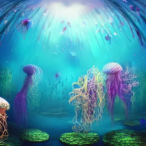 Image similar to underwater forest made of jellyfish beautiful composition, wide angle, colorful, cinematic, volumetric lighting, intricate details painting