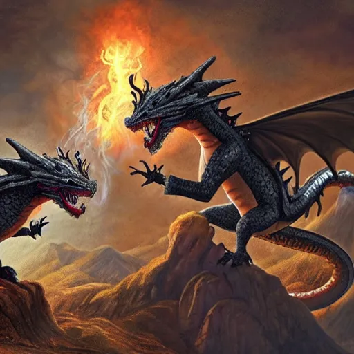 Prompt: a dragon battling with a wizard in a mountain