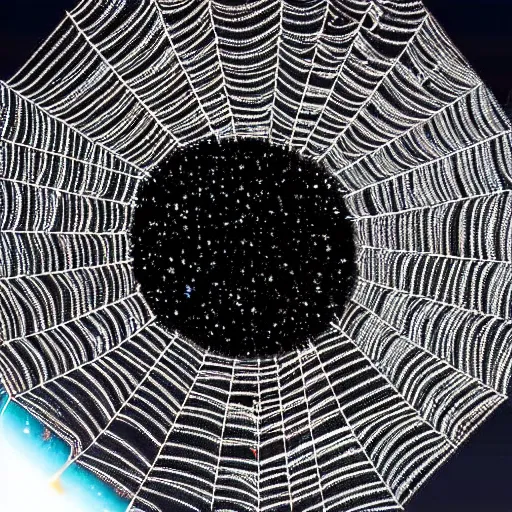 Prompt: a spider web woven between asteroids in outer space, orbiting a planet.