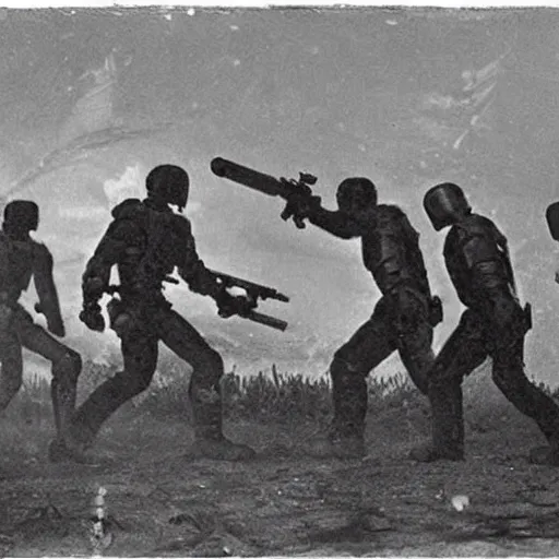 Prompt: grainy 1800s photo of a cybernetic warriors killing civilians with laser weapons