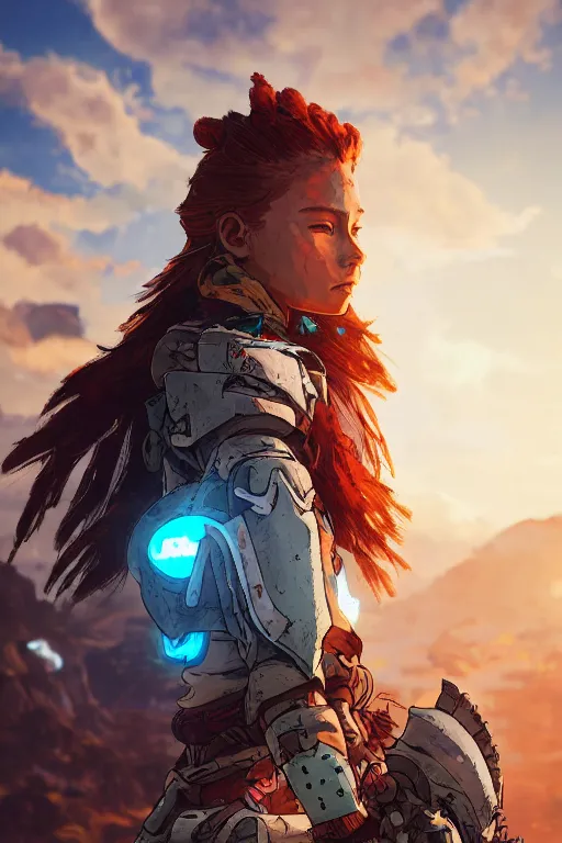 Image similar to combination suit armor aloy horizon forbidden west horizon zero dawn radiating a glowing aura global illumination ray tracing hdr fanart arstation by ian pesty and alena aenami artworks in 4 k tribal robot ninja mask helmet backpack