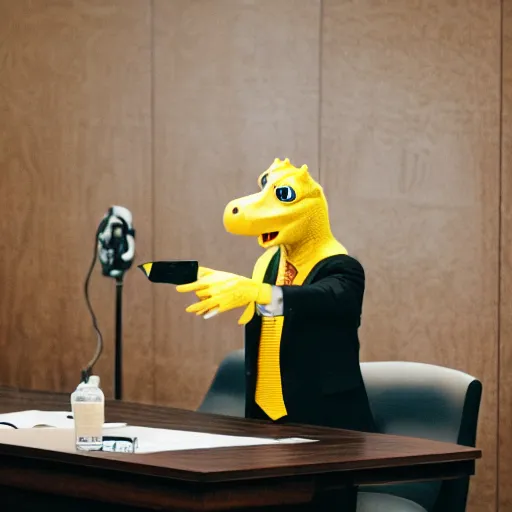 Prompt: professional photograph of an anthropomorphic yellow dinosaur wearing a suit and testifying in court, 8k, highly detailed, highly intricate, cinematic,