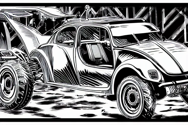 Image similar to vw beetle dune buggy, a page from cyberpunk 2 0 2 0, style of paolo parente, style of mike jackson, adam smasher, johnny silverhand, 1 9 9 0 s comic book style, white background, ink drawing, black and white