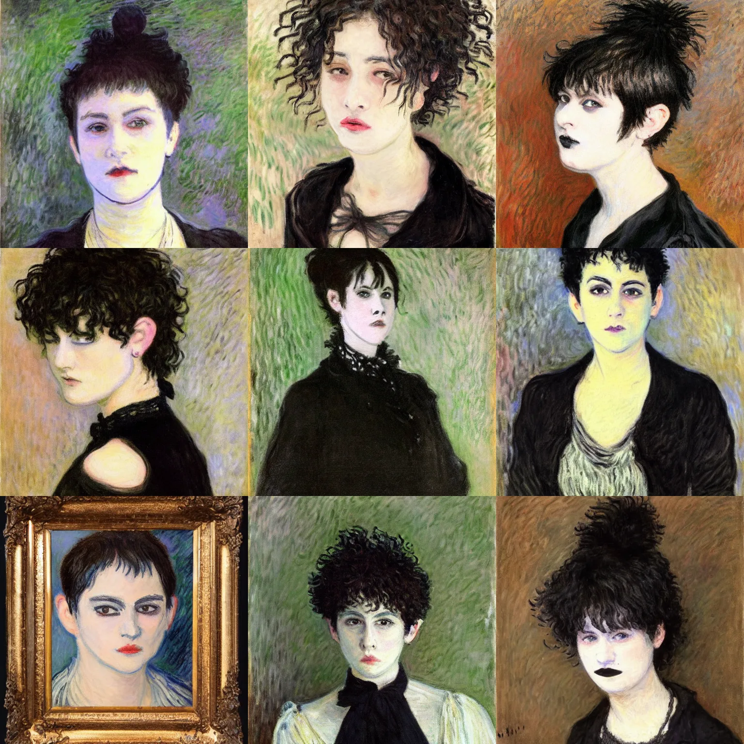 Prompt: A goth portrait painted by Claude Monet. Her hair is dark brown and cut into a short, messy pixie cut. She has a slightly rounded face, with a pointed chin, large entirely-black eyes, and a small nose. She is wearing a black tank top, a black leather jacket, a black knee-length skirt, a black choker, and black leather boots.