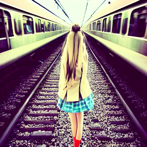 Prompt: a cute anime girl standing on the edge of a moving train