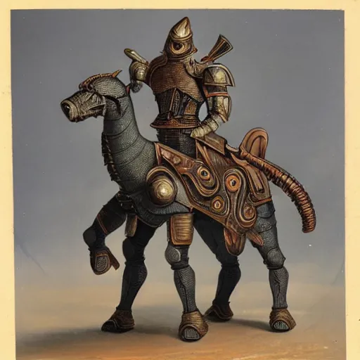 Prompt: photo of an armoured centaur with a scorpion tail