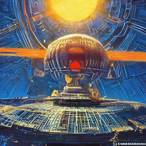 Image similar to dyson sphere in space, radiant core shining through, horizontal sun rays, intricate abstract, symmetry, unreal engine tech demo, golden hour, scifi, ( ( ( by robert mccall ) ) )