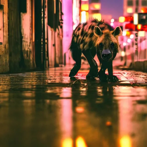 Image similar to a high quality low wide angle photo of a hyena on the streets of a cyberpunk city, rainy, reflective ground, neon lights, realism, 8k