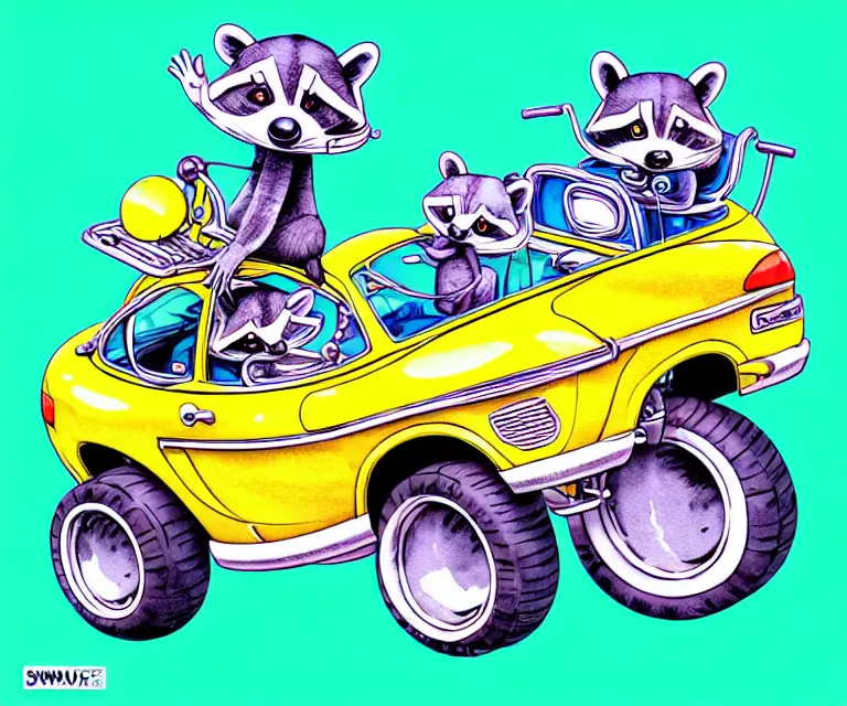 Image similar to cute and funny, racoon wearing a helmet riding in a tiny hot rod with oversized engine, ratfink style by ed roth, centered award winning watercolor pen illustration, isometric illustration by chihiro iwasaki, edited by range murata, tiny details by artgerm and watercolor girl, symmetrically isometrically centered, hyperfocused