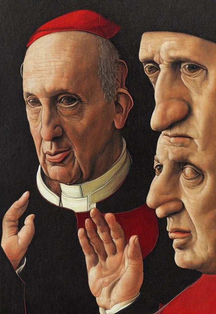 Image similar to portrait of pope francis black background extremely detailed oil painting by sandro boticelli old master