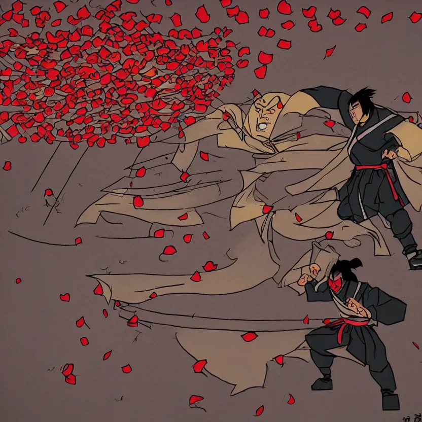 Prompt: cartoon of cyber samurai fighting in an old temple at night, rose petals being blown by the wind, studio lighting, drawn by genndy tartakovsky