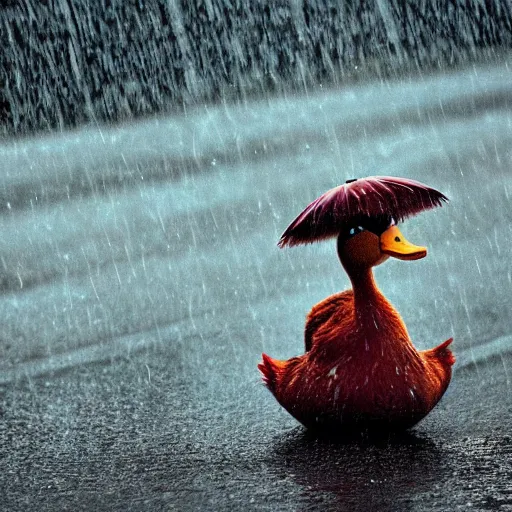 Prompt: movie poster for a movie about a lonely duck in the rain, dramatic