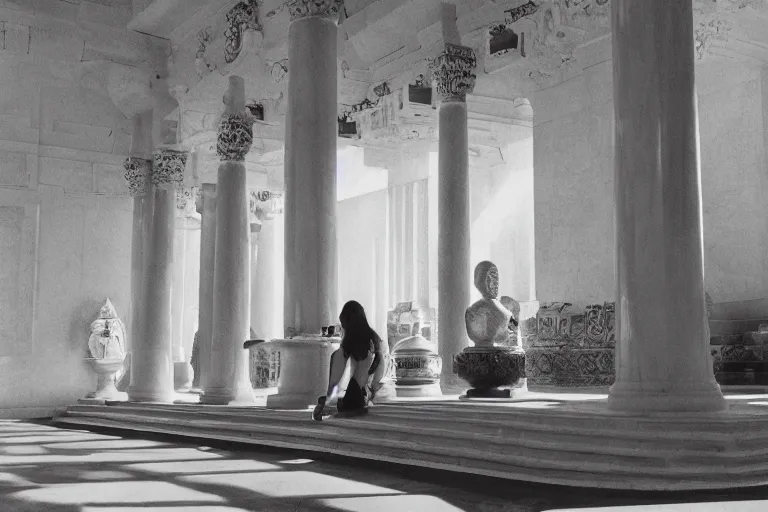 Prompt: the sun in a marble temple, film photography, soft lighting, nostalgia, 8 mm