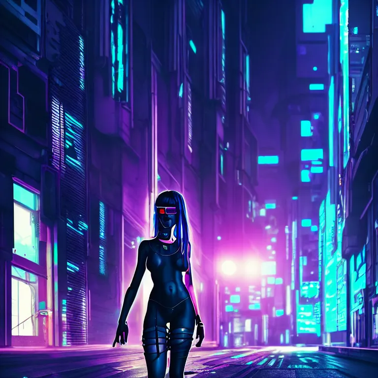 Image similar to cyberpunk girl in a cyberpunk street, night, cinematic lighting, very detailed