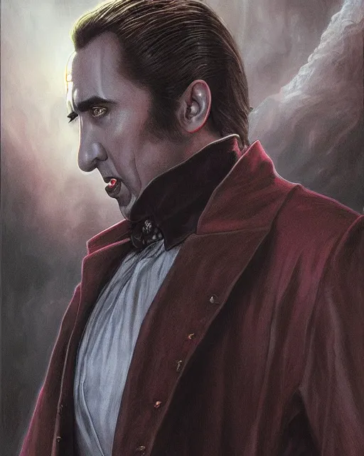 Prompt: nicolas cage as dracula, drink blood, highly detailed, centered, artstation, concept art, smooth, sharp focus, illustration, bokeh art by artgerm and donato giancola and joseph christian leyendecker