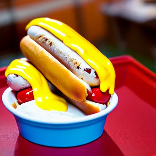 Prompt: commercial photo of a hot dog ice cream, mustard, ketchup,