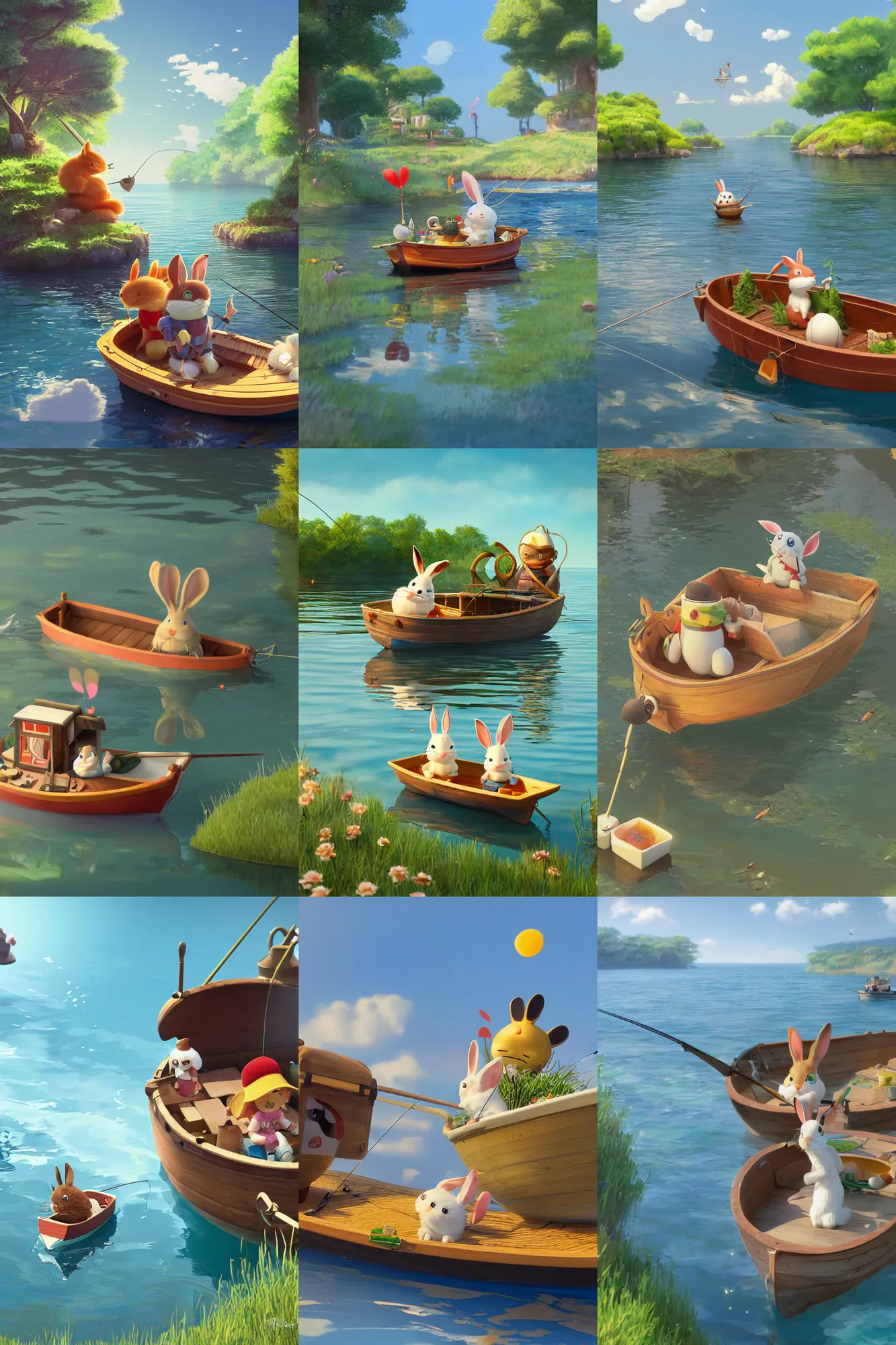Prompt: a wholesome cottagecore illistration of a happy rabbit going fishing with his friends in their cute tiny boat, sunny day, studio Ghibli, Pixar and Disney animation, sharp, Rendered in Redshift and Unreal Engine 5 by Greg Rutkowski, Bloom, dramatic lighting