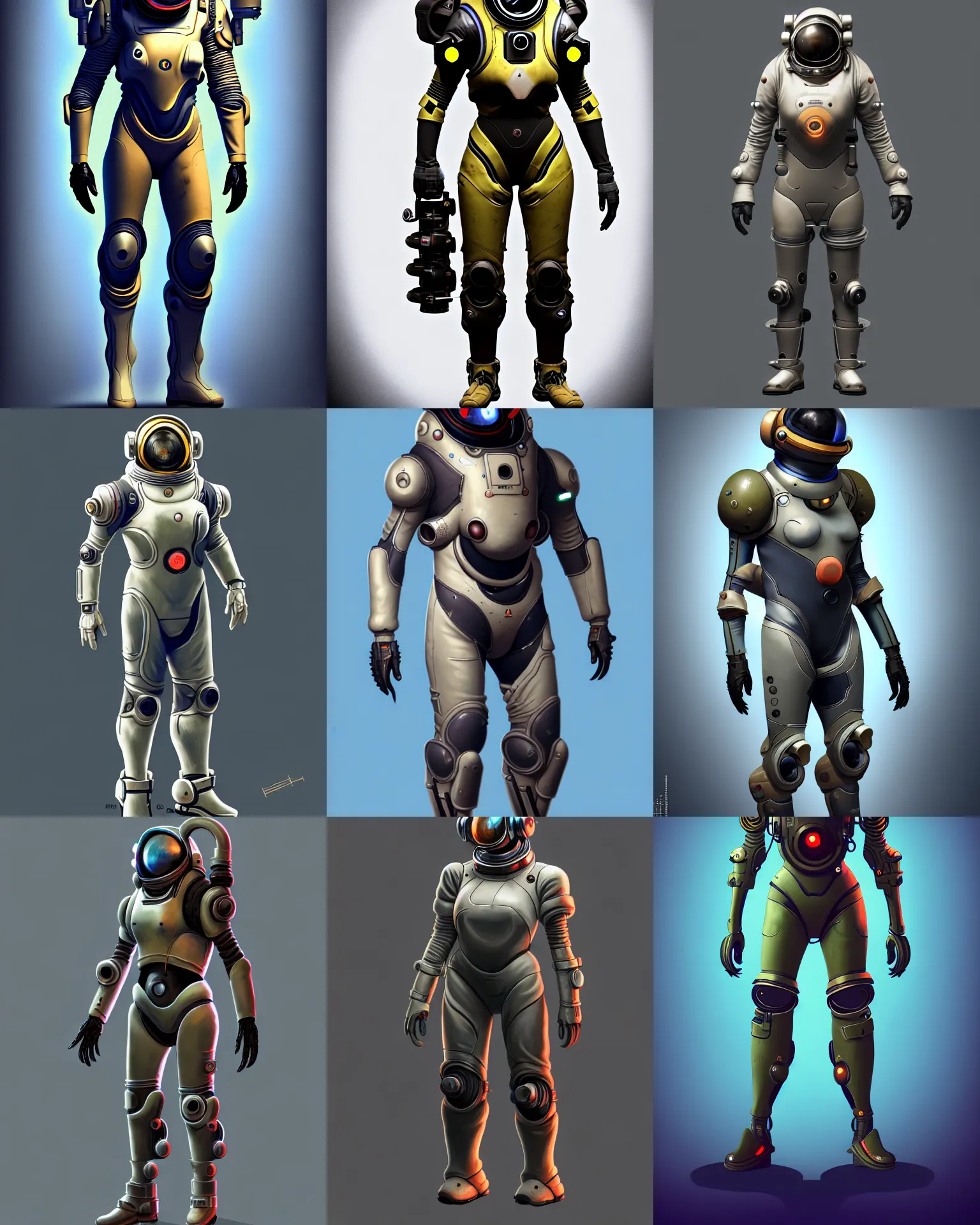 Prompt: game asset, full body portrait, bulky epic male concept art character of a space suit, 1 9 5 0 s retro future space suit, occult, scifi design, h. r giger, jean baptiste monge, overwatch, muted color scheme, 8 k, close up