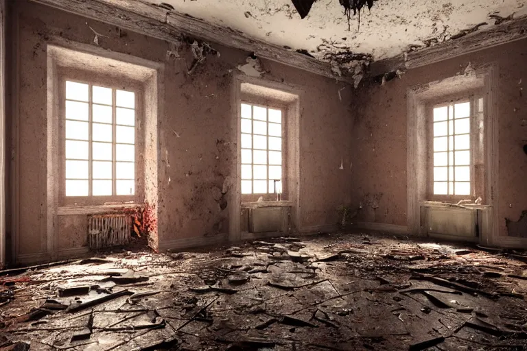 Image similar to ruined, abandoned polish mansion bedroom, seen from inside. Diffused, red light falls through the broken windows. Dirt, leaves on ground. Unreal Engine. Substance painter. Zbrush. Trending on artstation. 8K. Highly detailed.