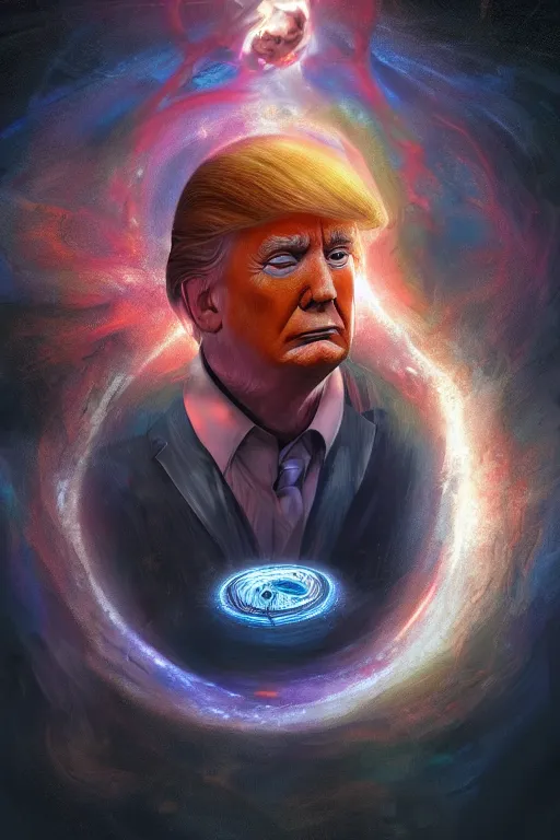 Image similar to portrait of trump drinking ayahuasca in a wormhole, by pablo amaringo, dramatic lighting, concept art, artstation