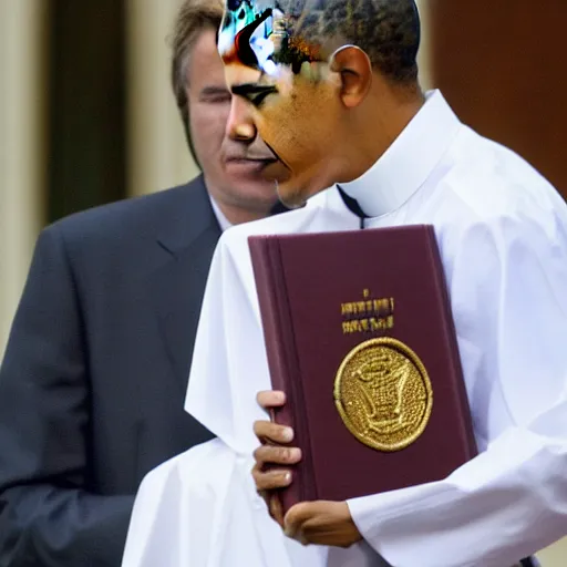 Prompt: barack obama in a priest's vestaments with a copy of the bible in hand