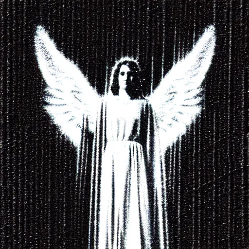 Image similar to vhs static overlay of angel apparition, vhs, 1 9 9 0, highly realistic, highly detailed, vhs noise static, black and white, vhs glitch