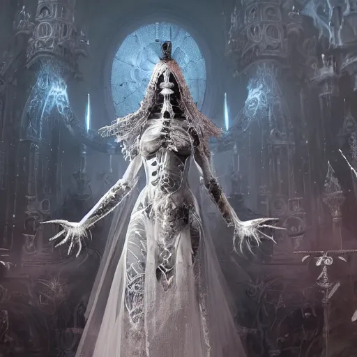 Prompt: female gothic robots with human organ and face, dressed in white intricate lace, veils and jewels, epic environment, matte painting, diffused lighting, highly detailed, cinematic, epic atmosphere, digital art, trending on artstation, wide angle