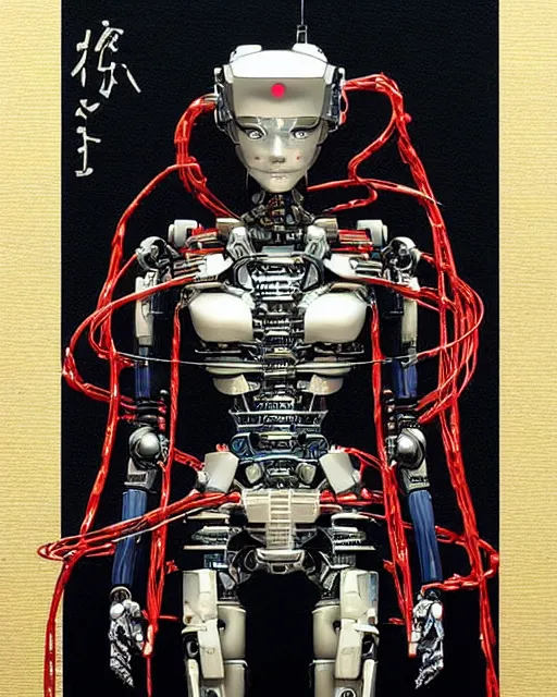 Image similar to Hiroshige portrait of a robot saint made of cables and robotic pod by artgerm