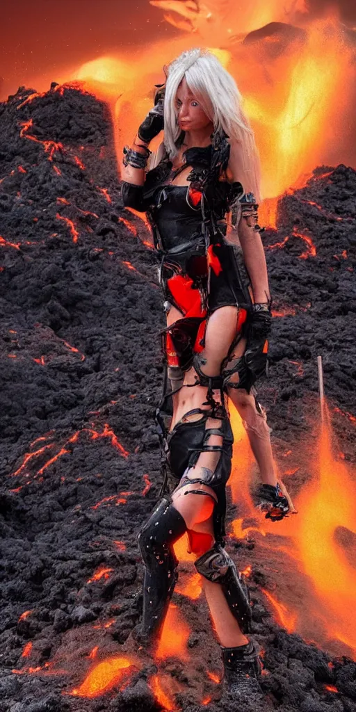 Prompt: volcano eruption post apocalyptic scene with a blonde sexy cyber girl futuristic mars mad max stormy weather