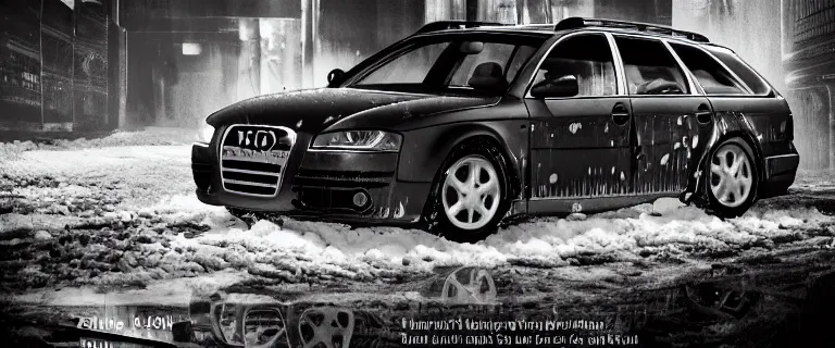 Image similar to Audi A4 B6 Avant (2002), a gritty neo-noir, dramatic lighting, cinematic, eerie person, death, homicide, homicide in the snow, viscera splattered, gunshots, bullet holes, establishing shot, extremely high detail, photorealistic, raging fire at a warehouse, arson, cinematic lighting, artstation, by simon stalenhag, Max Payne (PC) (2001) winter New York at night, In the style of Max Payne 1 graphic novel, flashing lights, Poets of the Fall - Late Goodbye