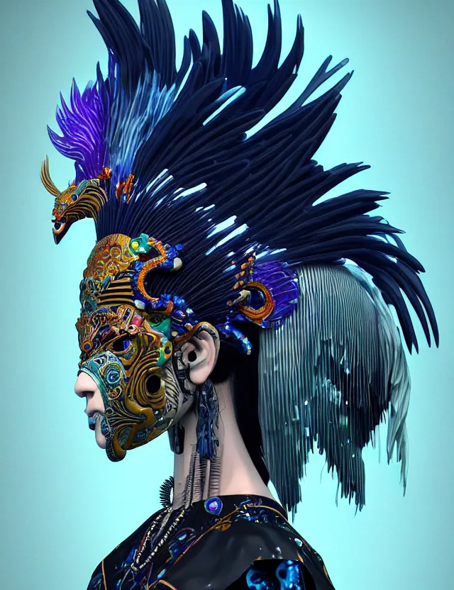 Image similar to 3 d goddess close - up profile portrait punk with mohawk with ram skull. beautiful intricately detailed japanese crow kitsune mask and clasical japanese kimono. betta fish, jellyfish phoenix, bio luminescent, plasma, ice, water, wind, creature, artwork by tooth wu and wlop and beeple and greg rutkowski