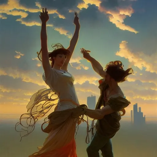 Prompt: concept art, air dancers by farmer's market, 8 k, by james gurney, greg rutkowski, and john howe, background of the sky at dusk by alphonse mucha, artstation